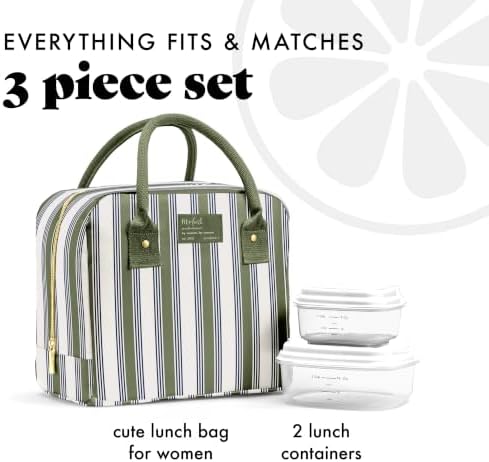 Fit & Fresh Bloomington Lunch Bag for Women - Insulated Large Lunch Box for Work with Containers, Leak-Resistant, Stain-Resistant, Zipper Closure, Ticking Stripe Olive