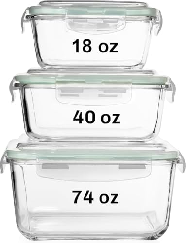 Razab 6 PC Square Glass Food Storage Containers with Airtight lids (74, 40 & 18 oz) Kitchen Glass Meal Prep Containers Set for Freezer Reusable Leftover Lunch Boxes, Oven, Microwave, Dishwasher Safe