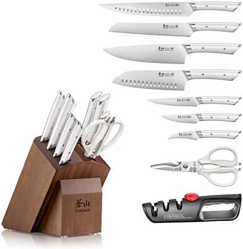 Cangshan HELENA Series 10-Piece German Steel Forged Knife Block Set, White, Full Tang Kitchen Knife Set with Acacia Wood Block and Sharpener