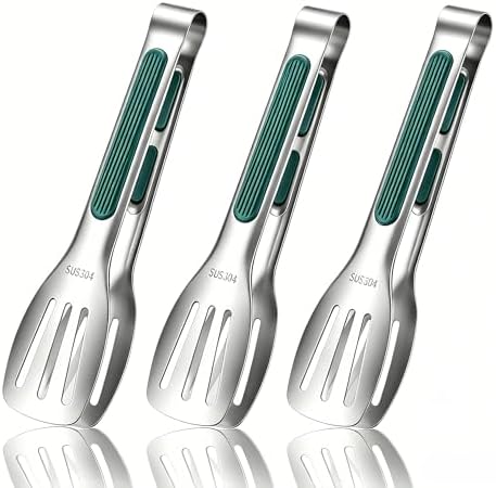 Stainless Steel Kitchen Tong Set - Anti-Slip Heat-Resistant Grip, Widened 3-Line Slotted Heads for Easy Clamping (Steaks, BBQ, Pasta, Salads), Easy Clean for Versatile Use Set of 3-6", Green