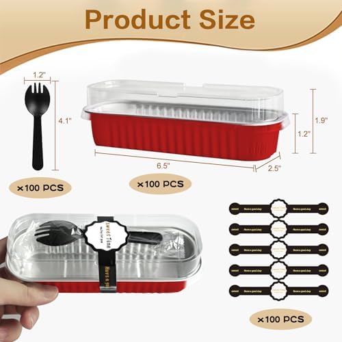 100 Pack Mini Cake Pans with Lids and Spoons, Mini Loaf Baking Pans 6.8oz, Small Disposable Aluminum Foil Loaf Pans, Rectangular Baking Containers for Party and Picnics, Cheesecake Pans (Red)