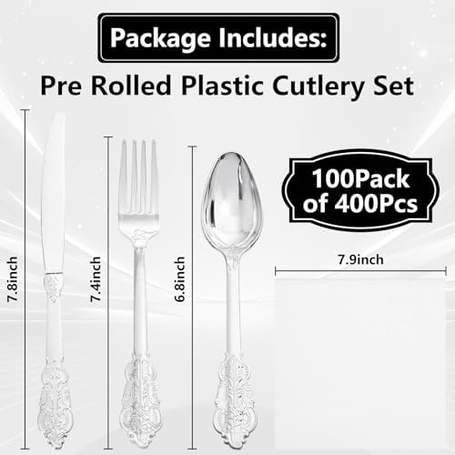 400PCS Pre Rolled Silver Plastic Silverware Sets Fancy for Wedding