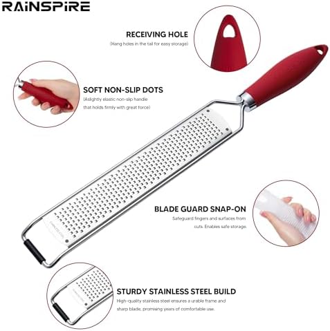 Rainspire Zester Grater with Handle, Lemon Zester Cheese Grater for Kitchen Stainless Steel, Parmesan Cheese Garlic Nutmeg Chocolate Fruits Vegetables Ginger Grater, Fine, Red