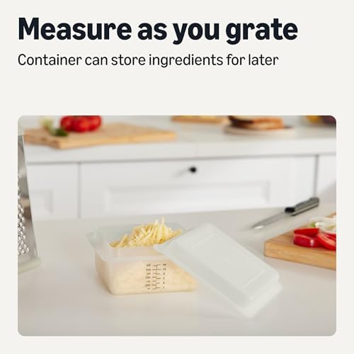 Amazon Basics Cheese Grater, 4-Sided Stainless Steel Box Grater with Measuring Container, Dishwasher-Safe