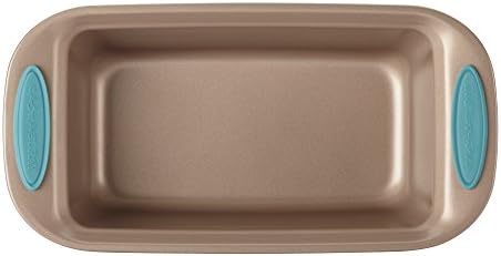 Rachael Ray Cucina Bakeware Oven Lovin' Nonstick Loaf Pan, 9-Inch by 5-Inch Steel Pan, Latte Brown with Agave Blue Handles