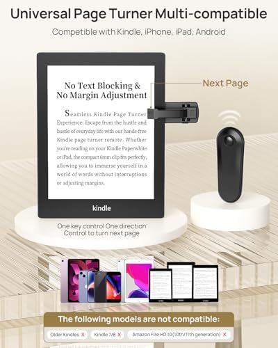 Kindle Holder with Remote Page Turner – Kindle Stand with Remote Page Turner for Bed, Hands-Free Clip Mount, Easy-Adjust Steel Arm (Not Gooseneck), No Text Blocking