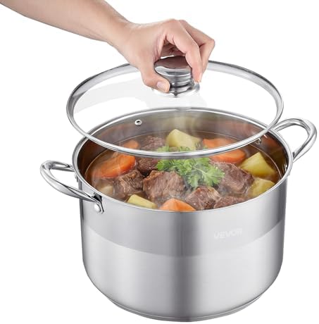VEVOR Stainless Steel Stock Pot, 12QT Stainless Steel Stockpot with Glass Lid, PFOA-Free, PFAS-Free, Compatible with Gas Stoves, Induction Cooktops, Electric Stoves, for Soups, Stews, and Pasta