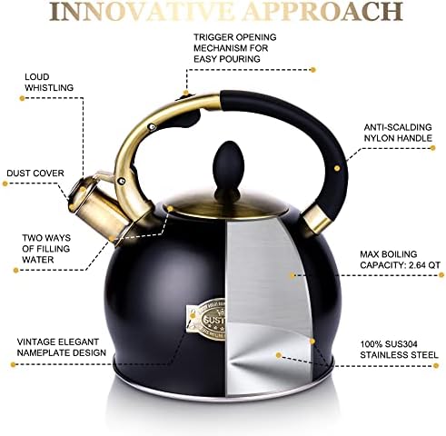 SUSTEAS Whistling Tea Kettle, 2.7QT Food-Grade Steel Teapot, BLACK