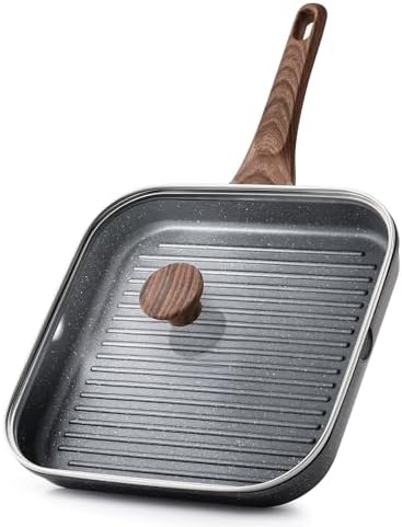 SENSARTE Nonstick Grill Pan with Lid, Grill Pan for Stove Tops, Versatile Griddle Pan with Pour Spouts, Square Grill Pan for Big Cooking Surface, Grill Skillet for Indoor Outdoor Grilling. PFOA Free