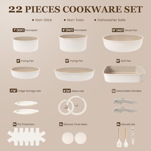 KIKCOIN Nonstick Pots and Pans Set - 22 Pack Cookware Set with Detachable/Removable Handle - Kitchen Cooking Set with Frying Pans, Grill Pan - Stackable, Dishwasher/Oven Safe, Induction Ready