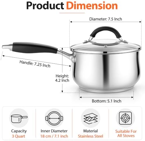 TeamFar Sauce Pan, 3 Quart Stainless Steel Saucepan with Lid