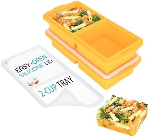 XOMOO Silicone Freezer Tray With Lid-Soup Freezer Container molds-2-cup Extra Large Ice Cube Tray-makes 4 perfect 500ml portions cubes, For freezing soup,stews,sauces.Oven&Dishwasher-Safe(2-Pack)