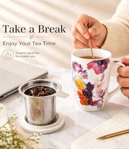 AmorArc Tea Cup With Infuser and Lid, 18oz Loose Leaf Tea Mug With Steeper