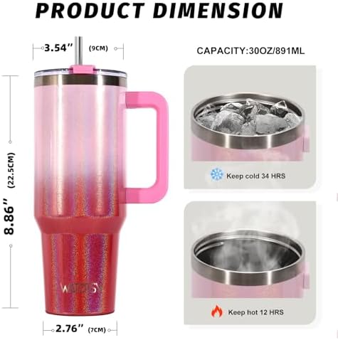 30 oz Shiny Tumbler with Handle and Straw,Stainless Steel Tumbler with Lid and Straw,Insulated Travel Mug(Cold for 34 Hours),Water Bottle for Iced Tea,Coffee (Red)
