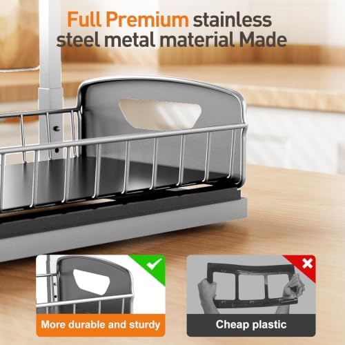 Under Kitchen Sink Organizer, Metal Pull Out Bathroom Organizers and Storage, 2-Tier Cabinet Organizer Shelf with Sliding Drawer, Home Organization for Kitchen, Laundry, Pantry, Light Grey, 2 pack