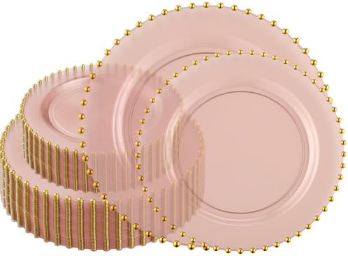 PLASTICPRO 128 Piece Combo Plastic Dinner Plates Disposable Plastic Fancy Heavy Duty Party Dishes 7 inch and 10 inch, Translucent Rose and Gold Beaded