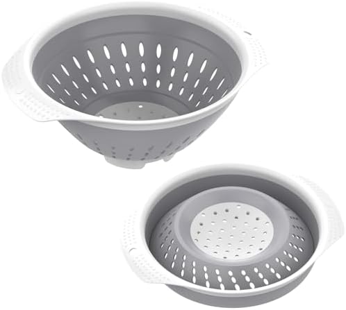 5 Quart Collapsible Colander，BPA Free，Dishwasher Safe，Silicone Food Strainer with Plastic Handles，Heavy Duty Foldable Heat Resistant Pasta and Veggies Kitchen Drainer Steam Basket，Gray