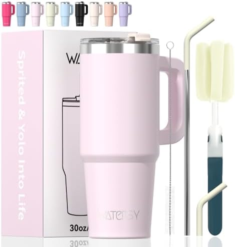 30 oz Tumbler with Handle,Tumbler with Lid and Straw,Double Wall Insulated Cup Stainless Steel Travel Mug(Cold for 34 Hours),Water Bottle for Iced Tea,Coffee,Cold Beverages(Rose Quartz)