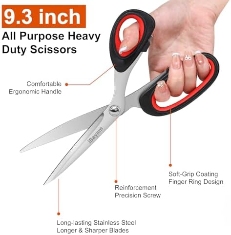 iBayam All Purpose Heavy Duty Scissors for Office, School, Craft, Scrapbook, Vision Board, (1, Red+Black, sewing scissors)