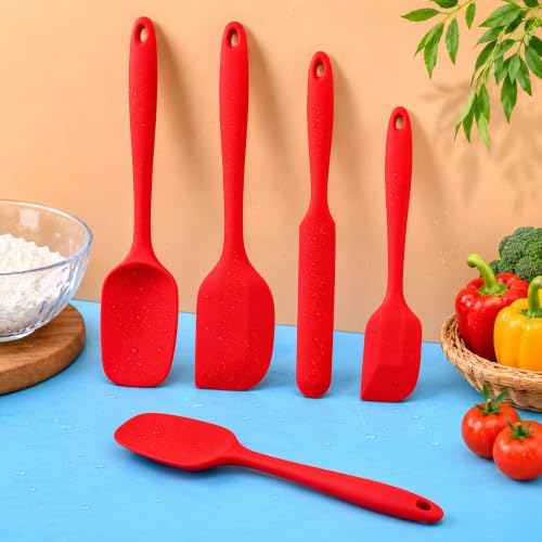 5 Piece Silicone Spatula Set, Heat Resistant up to 446°F, BPA-Free One-Piece Kitchen Rubber Spatula Set for Cooking, Baking, Mixing & Scraping, Nonstick Cookware Safe, Dishwasher Safe, Red