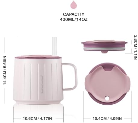 Ideus 14 oz Insulated Coffee Mug with Lid and Straw (Light Pink, FUJI NOVA)