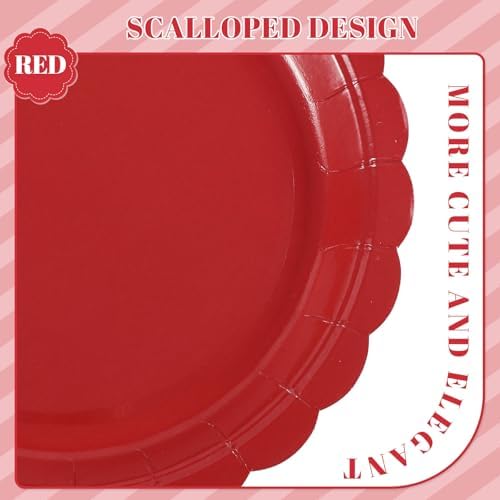 NatNarr 30 Pcs Red Paper Plates 9 Inch Scalloped Red Dessert Dinner Plates Cute Party Plates for 4th of July, Birthday, Picnic (Pack of 3)