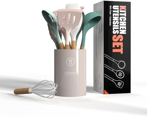 oannao Silicone Cooking Utensils Set - 446°F Heat Resistant Silicone Kitchen Utensils for Cooking,Kitchen Utensil Spatula Set w Wooden Handles, BPA FREE Gadgets for Non-Stick Cookware (Colorful)