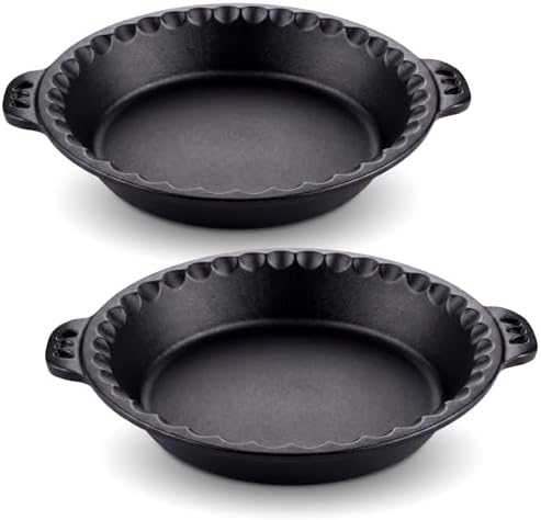 LemonRoad 2 Pcs Cast Iron Pie Pan 10" with Crimped Edges and Handles