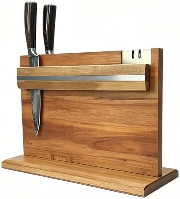 Solid Acacia Wood Magnetic Knife Holder with Stainless Steel Sharpener, Double-Sided Knife Display Stand for Stylish Kitchens, Cooking Enthusiasts and Gifts
