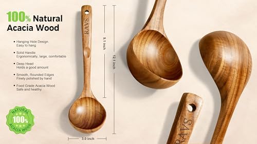 3PCS RAVS Wooden Ladle for Soup, 100% Natural Acacia Wood with 12.1" Long Handle, No-Scratch Cookware Surface, Wooden Soup Ladle for Cooking, Gravy, Sauce, Porridge