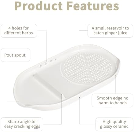 WhiteRhino 4 in 1 Ceramic Garlic Grater with Egg Cracker,Spoon Rest and Herb Stripper, Ginger Grater Plate for Grinding Wasabi Fruits Vegetables Ginger Garlic Cheese(6.76inx3.7in)