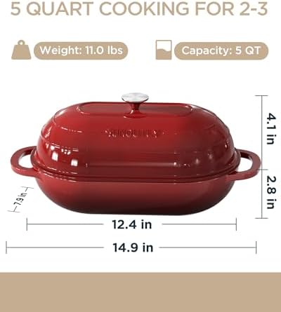 Enameled Cast Iron Bread Oven, 5QT Cast Iron Dutch Oven for Homemade Sourdough Bread Baking, Oval Bread Pot with Dome Lid & Cotton Potholders, Cherry Red