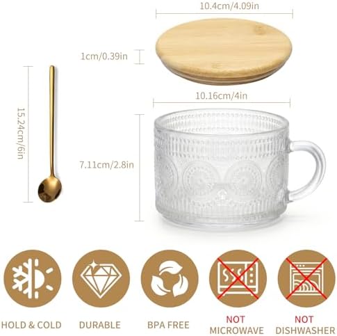 DOPUDO Vintage Glass Coffee Mugs, Overnight Oats Containers With Lids,Glass Cup With Sealed Lid and Spoon,Glass Coffee Mugs, Coffee Bar Accessories, Ideal for Cappuccino, Latte(2-Pack,14oz)