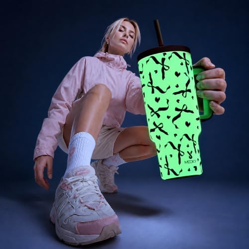 Meoky Glow in the Dark Tumbler: 40 oz Tumbler with Handle and Straw- Stainless Steel Insulated Tumbler for Car Cup Holders - Travelers Commuters Workers (1 Pack, Pink Bow)