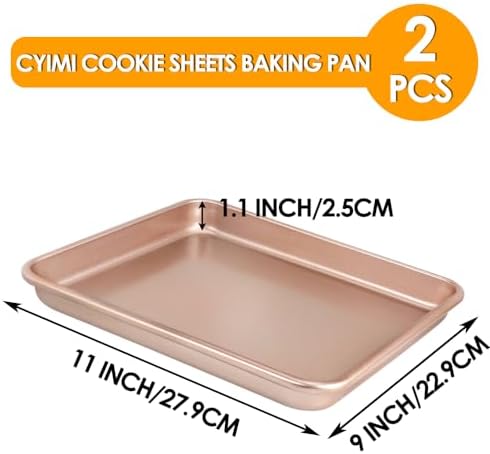 11" x 9" Baking Pans, Cookie Sheets Set of 2, Nonstick Toaster Oven Pan Set for Baking, Heavy Duty Carbon Steel Non-toxic Oven Replacement Cookie Tray for Kitchen Bakery, Gold