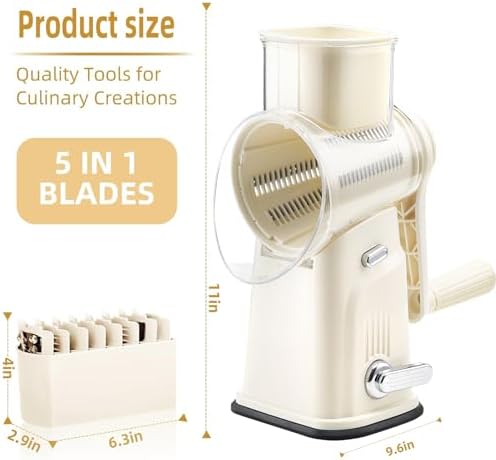 Rotary Cheese Grater with Handle, 5 Replaceable Blades (Beige)