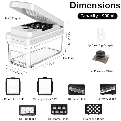 Vegetable Chopper, Professional Food Chopper &Onion Chopper, Veggie Cutter for Salad with 7 Blades and 900mL Container, Kitchen Gadgets & Gift, Home Essentials
