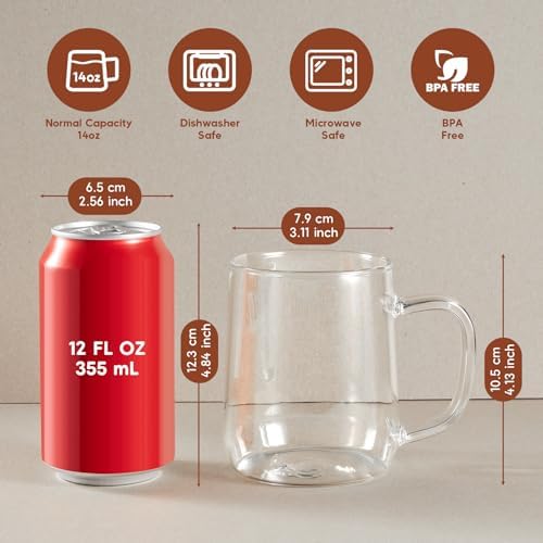 Glass Coffee Mugs, 14 oz Glass Coffee Cups Set of 4, Clear Borosilicate Glass Mugs with Handles for Cappuccino, Tea, Latte, Hot/Cold Beverages, Wine, Americano