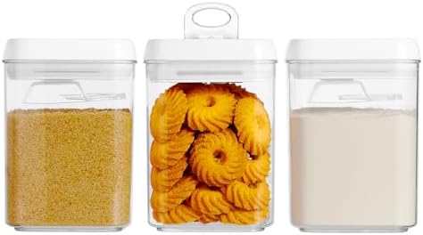 Felli Flip Tite Storage Container with Built-In Spoon & Airtight Lid 5” Large-M Ring Flip Top, Stackable Acrylic Canister for Sugar Flour Powder, Kitchen Pantry Organizer (1.8qt), 2 spoons