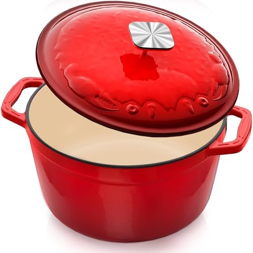 DUTZUN Enameled Cast Iron Dutch Oven - 5 Quart, Crab Lid (Patented), Oversized Knob, for Bread Baking Braiser, Cooking Stock Pot - Red
