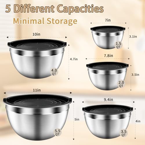 Mixing Bowls with Airtight Lids Set, 5 PCS Stainless Steel Black