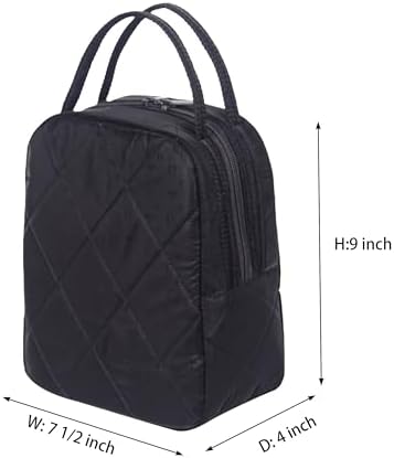 Machine Washable Women Quilted Fabric Insulated Reusable Cooler Lunch Bag Tote Adult Thermal Lunch Box Storage Bag for Ｗork (Black #3)