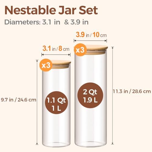 ComSaf Pasta Containers Storage 2 Qt/1.1Qt, 6 Pack Tall Glass Spaghetti Jar