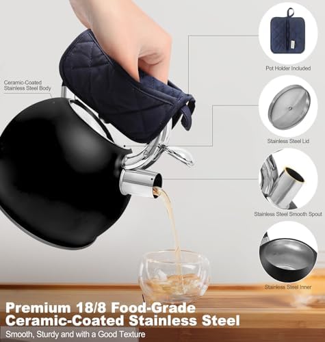 Stainless Steel Tea Kettle, Tea Kettles Stovetop, Vintage Whistling Teapot for Stove, Durable and Rust-Resistant, with a Pot Holder Included, Whistling Tea Kettle 2.64 Quart (Black)