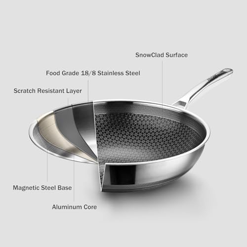 SNOWCLAD Wok, 13 Inch Hybrid Woks & Stir-fry Pans Nonstick with Double Handles, Non Toxic Stainless Steel Wok Pan with Lid, Dishwasher Induction Oven Broiler Safe