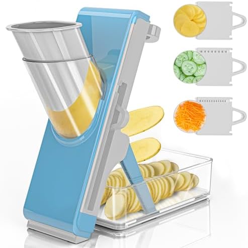 Eletronova Safe Mandoline Slicer for Kitchen, Vegetable Slicer with Container, French Fry Cutter, All in 1 Julienne Slicer for Potato, Thickness Adjustable, Detachable Blade (Light gray-blue)