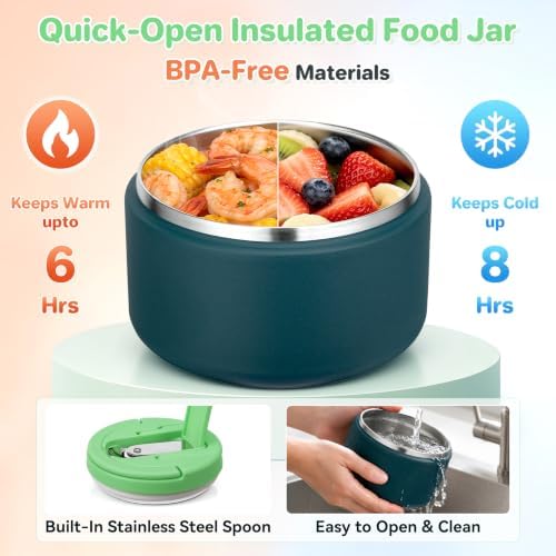 Bento Lunch Box for Kids with 8oz Soup Thermo,Kids Leakproof Lunch Food Containers with 4 Compartment,Kid Insulated Thermo Hot Food Jar for School,Trvael-Green