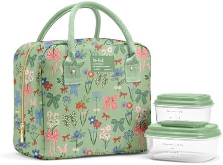 Fit & Fresh Bloomington Lunch Bag for Women - Insulated Large Lunch Box for Work with Containers, Leak-Resistant, Stain-Resistant, Zipper Closure, Sage Bows & Flowers