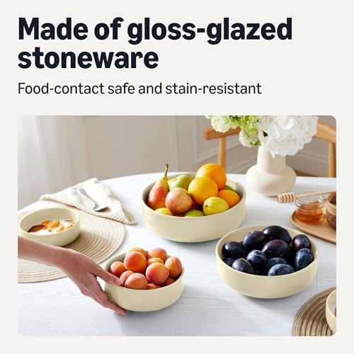Amazon Basics Ceramic Serving Bowls Set Of 3, Glazed Stoneware (6", 8" & 10"), Nestable Space-Saving, Stain-Resistant, Microwave & Dishwasher-Safe, Ivory