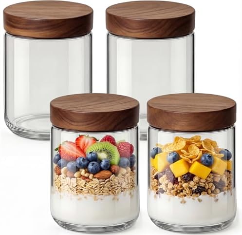 16oz 4 Pack Glass Mason Jars Overnight Oats Containers with Acacia Wood Lid